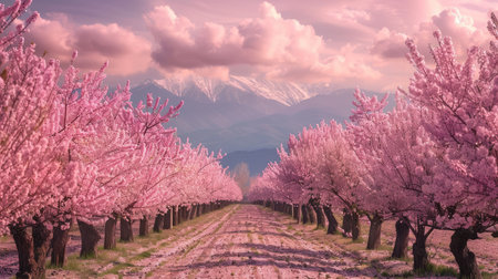 Rows of almond trees in full bloom during springtime in an orchardの素材