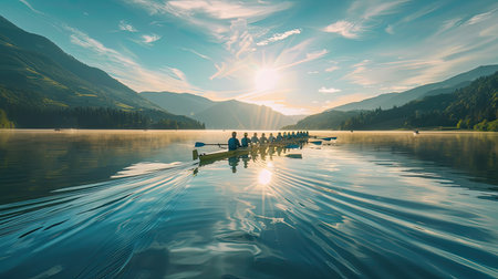 Rowing team synchronizing their strokes on a calm lakeの素材
