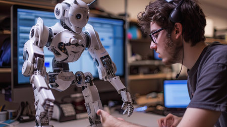 Robotics engineer programming a humanoid robotの素材