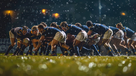 Rugby players in a scrum during a tense moment of the gameの素材