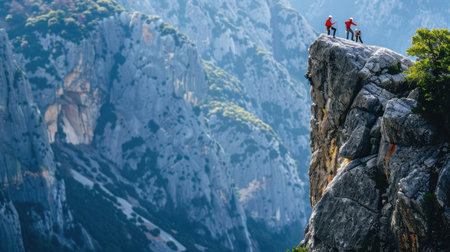Rock climbers scaling a granite cliff in the mountainsの素材