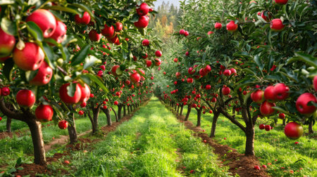 Rows of apple trees in an orchard with ripe fruits ready for harvestの素材