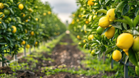 Rows of citrus trees with ripe lemons and limes in an orchardの素材