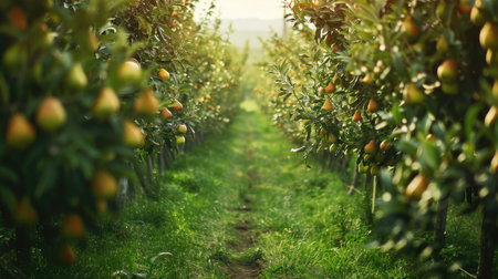 Rows of pear trees in an orchard with ripe fruits hangingの素材
