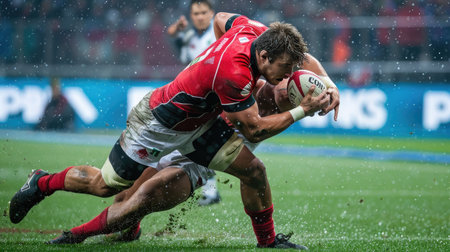 Rugby player making a tackle during a matchの素材