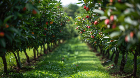 Rows of nectarine trees in an orchard with ripe fruitsの素材