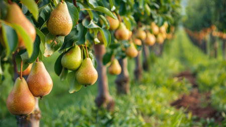 Rows of pear trees in an orchard with ripe fruits hangingの素材