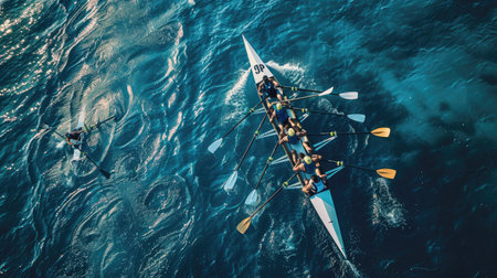 Rowers in a boat rowing in sync during a regattaの素材