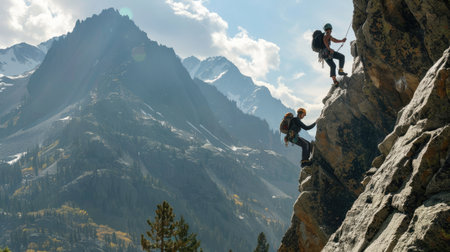 Rock climbers scaling a granite cliff in the mountainsの素材