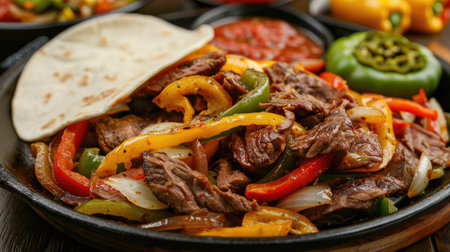 Savory beef fajitas with peppers and onions, served with tortillas and salsaの素材