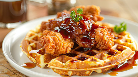 Savory chicken and waffles with maple syrup and hot sauce, served on a white plateの素材