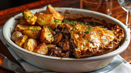 Savory beef and mushroom pie with a flaky crust, served with roasted potatoesの素材
