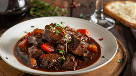 Savory beef bourguignon with a rich red wine sauce, served with a glass of cabernet sauvignonの素材
