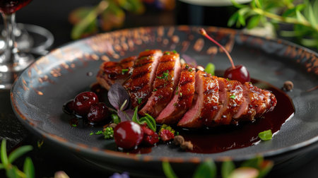 Savory duck breast with a cherry glaze, served with a glass of pinot noirの素材