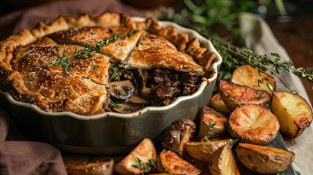 Savory beef and mushroom pie with a flaky crust, served with roasted potatoesの素材