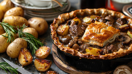 Savory beef and mushroom pie with a flaky crust, served with roasted potatoesの素材