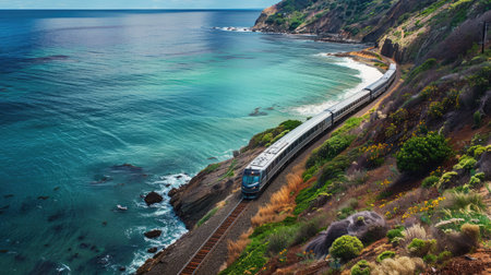Scenic train journey through a coastal region with ocean viewsの素材