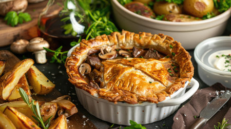 Savory beef and mushroom pie with a flaky crust, served with roasted potatoesの素材