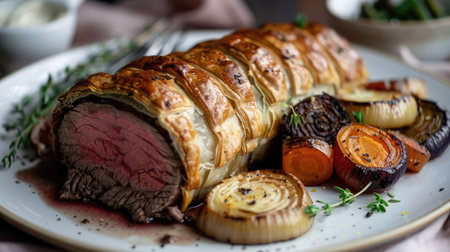 Savory beef Wellington with a flaky pastry crust, served with roasted vegetablesの素材