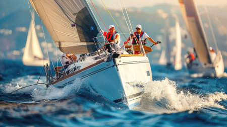 Sailors navigating a yacht during a regattaの素材