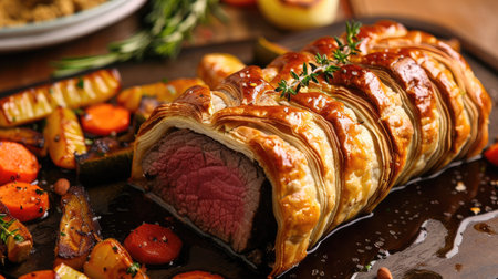 Savory beef Wellington with a flaky pastry crust, served with roasted vegetablesの素材