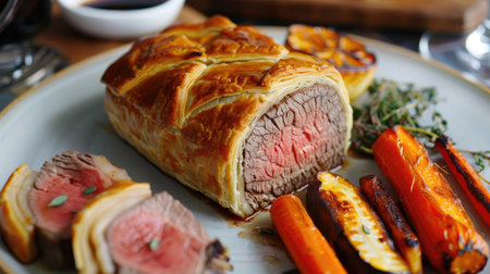 Savory beef Wellington with a flaky pastry crust, served with roasted vegetablesの素材
