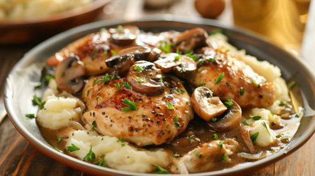 Savory chicken marsala with mushrooms and marsala wine sauce, served with mashed potatoesの素材