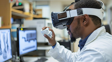Scientist using a virtual reality headset for simulationsの素材