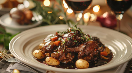 Savory coq au vin with a rich wine sauce, served with a glass of cabernet sauvignonの素材