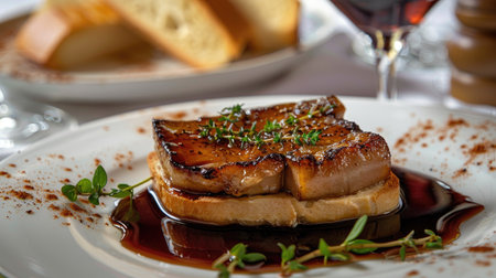 Savory foie gras on toasted brioche, served with a glass of dessert wineの素材