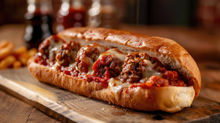 Savory meatball sub with marinara sauce and melted cheese, served in a sub rollの素材