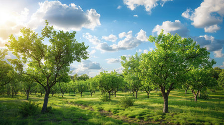 Scenic view of a walnut orchard with rows of trees under a blue skyの素材