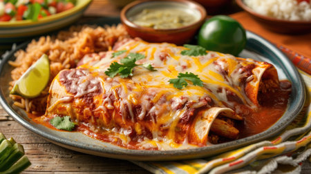 Savory chicken enchiladas with red sauce and melted cheese, served with rice and beansの素材
