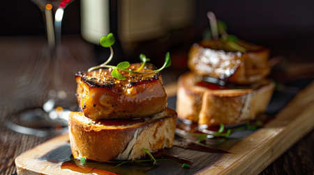 Savory foie gras on toasted brioche, served with a glass of dessert wineの素材