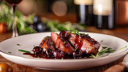 Savory duck breast with a cherry glaze, served with a glass of pinot noirの素材