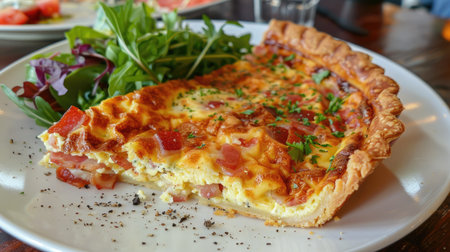 Savory quiche Lorraine with bacon and cheese, served with a side saladの素材