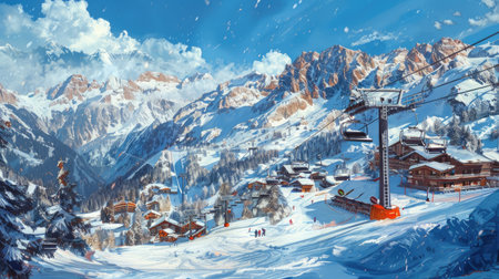 Ski resort with chairlifts and snowy mountain slopesの素材