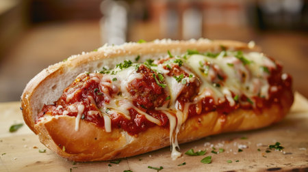 Savory meatball sub with marinara sauce and melted cheese, served in a sub rollの素材