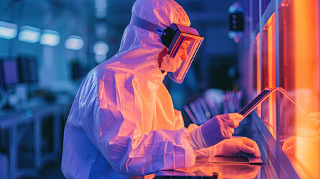 Scientist in a cleanroom suit examining semiconductor wafersの素材