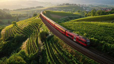 Scenic train journey through rolling hills and vineyardsの素材