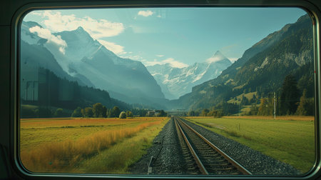 Scenic view from a train window of a mountain rangeの素材