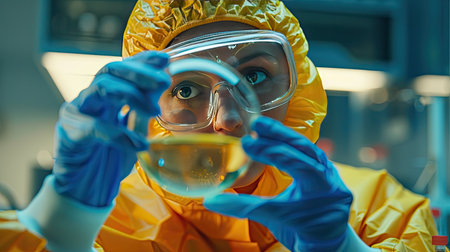 Scientist wearing protective gear and handling a petri dishの素材