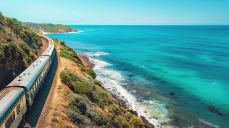 Scenic train journey through a coastal region with ocean viewsの素材