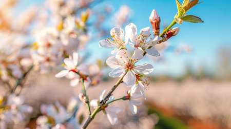 Scenic view of an almond orchard in bloom under a blue skyの素材