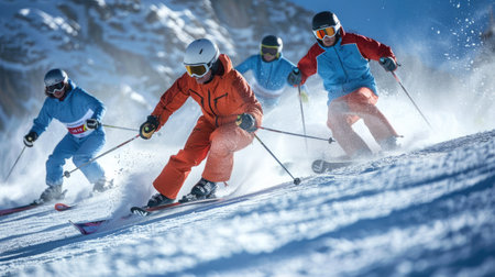 Skiers racing down a snowy slope during a competitive eventの素材