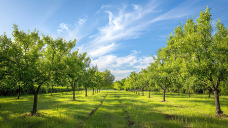 Scenic view of a walnut orchard with rows of trees under a blue skyの素材