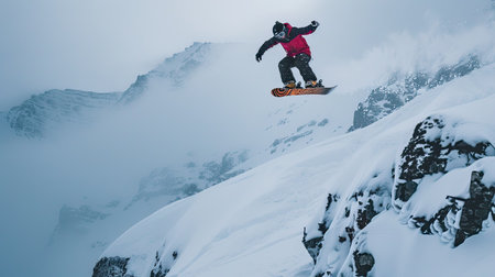 Snowboarder performing a trick in the air on a snowy slopeの素材