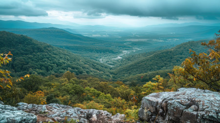 Scenic overlook with a panoramic view of a mountain valleyの素材