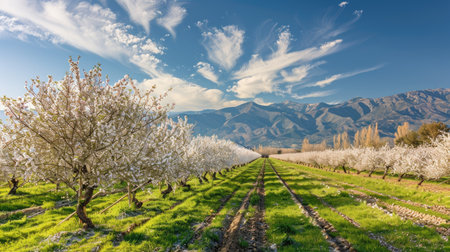 Scenic view of an almond orchard in bloom under a blue skyの素材