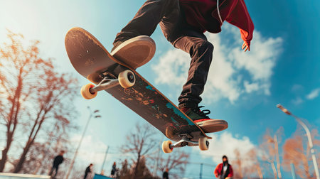 Skateboarder performing a trick mid-air at a skateparkの素材